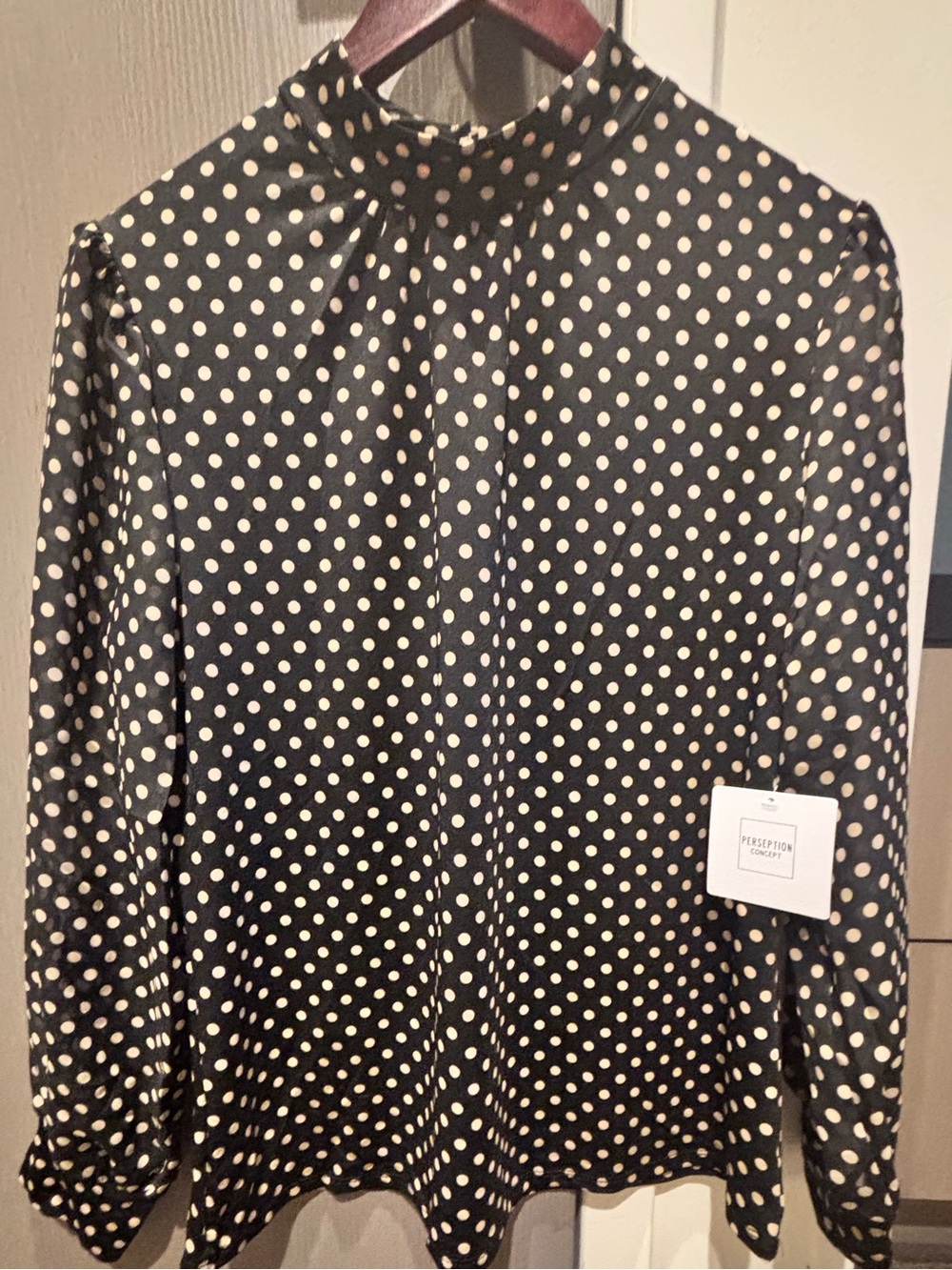 PerSeption Concept Black Blouse with Cream Polka Dots